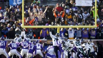 Jan 10, 2016; Minneapolis, MN, USA; Minnesota Vikings kicker Blair Walsh (3) misses the potential game-winning field goal against the Seattle Seahawks in the fourth quarter in a NFC Wild Card playoff football game at TCF Bank Stadium. Mandatory Credit: Bruce Kluckhohn-USA TODAY Sports