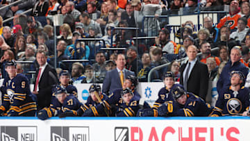 BUFFALO, NY - DECEMBER 8: The Buffalo Sabres bench looks on in the closing minutes of their 6-2 loss to the Philadelphia Flyers during an NHL game on December 8, 2018 at KeyBank Center in Buffalo, New York. (Photo by Bill Wippert/NHLI via Getty Images)