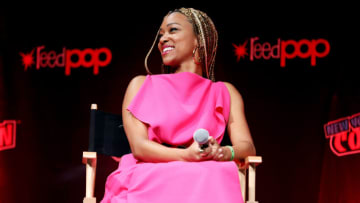 NEW YORK, NEW YORK - OCTOBER 09: Sonequa Martin-Green speaks onstage during Paramount+ Brings Star Trek: Discovery Cast and Producer to New York Comic Con for Exclusive Panel during Day 3 of New York Comic Con 2021 at Jacob Javits Center on October 09, 2021 in New York City. (Photo by Monica Schipper/Getty Images for Paramount+)