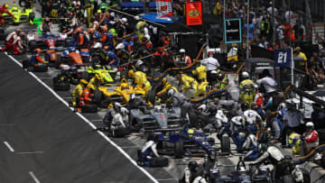 INDIANAPOLIS, IN - MAY 27: Ed Carpenter, driver of the #20 Ed Carpenter Racing Fuzzy's Vodka Chevrolet, and other drivers pit during the 102nd Indianapolis 500 at Indianapolis Motorspeedway on May 27, 2018 in Indianapolis, Indiana.(Photo by Patrick Smith/Getty Images)