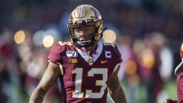 Nov 9, 2019; Minneapolis, MN, USA; Minnesota Golden Gophers wide receiver Rashod Bateman (13) looks on during pre game warmups before a game against the Penn State Nittany Lions at TCF Bank Stadium. Mandatory Credit: Jesse Johnson-USA TODAY Sports