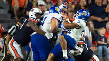 Auburn footballSan Jose State Spartans running back Kairee Robinson (32) is stuffed up on the goal line as he attempts to leap over the line as Auburn Tigers take on San Jose State Spartans at Jordan-Hare Stadium in Auburn, Ala., on Saturday, Sept. 10, 2022. San Jose State Spartans lead Auburn Tigers 10-7 at halftime.