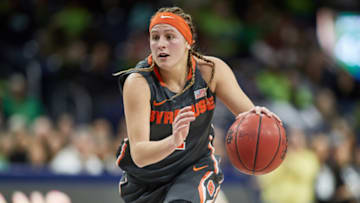 SOUTH BEND, IN - DECEMBER 28: Syracuse Orange guard Tiana Mangakahia (4) dribbles the basketball during the women's college basketball game between the Syracuse Orange and the Notre Dame Fighting Irish on December 28, 2017, at the Purcell Pavilion in South Bend, IN. (Photo by Robin Alam/Icon Sportswire via Getty Images)