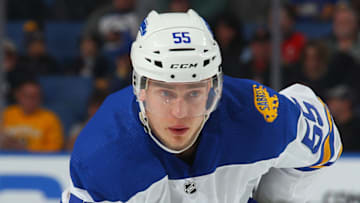 BUFFALO, NY - APRIL 4: Rasmus Ristolainen #55 of the Buffalo Sabres prepares for a faceoff during an NHL game against the Ottawa Senators on April 4, 2018 at KeyBank Center in Buffalo, New York. (Photo by Bill Wippert/NHLI via Getty Images) *** Local Caption *** Rasmus Ristolainen
