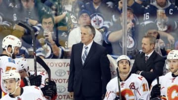 Oct 1, 2015; Winnipeg, Manitoba, CAN; Calgary Flames head coach Bob Hartley reacts during the second against the Winnipeg Jets at MTS Centre. Mandatory Credit: Bruce Fedyck-USA TODAY Sports
