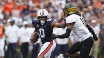 Auburn footballSep 11, 2021; Auburn, Alabama, USA; Auburn Tigers wide receiver Demetris Robertson (0) is chased by Alabama State Hornets defensive back Keenan Isaac (10) during the first quarter at Jordan-Hare Stadium. Mandatory Credit: John Reed-USA TODAY Sports