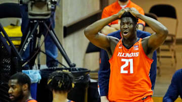 Dec 12, 2020; Columbia, Missouri, USA; Illinois Fighting Illini center Kofi Cockburn (21) reacts after a foul call during the first half against the Missouri Tigers at Mizzou Arena. Mandatory Credit: Jay Biggerstaff-USA TODAY Sports