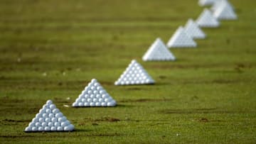 Aug 6, 2020; Sylvania, OH, USA; Golf balls are waiting for players at the driving range in a Pyramid formation during the first round of the Marathon LPGA Classic golf tournament at Highlands Meadows Golf Club. Mandatory Credit: Marc Lebryk-USA TODAY Sports