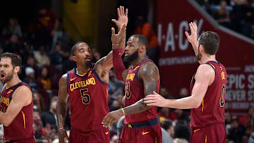 CLEVELAND, OH - DECEMBER 12: JR Smith #5 and LeBron James #23 of the Cleveland Cavaliers give high fives during the game against the Atlanta Hawks on December 12, 2017 at Quicken Loans Arena in Cleveland, Ohio. NOTE TO USER: User expressly acknowledges and agrees that, by downloading and/or using this Photograph, user is consenting to the terms and conditions of the Getty Images License Agreement. Mandatory Copyright Notice: Copyright 2017 NBAE (Photo by David Liam Kyle/NBAE via Getty Images)