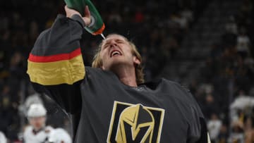 LAS VEGAS, NEVADA - SEPTEMBER 15: Garret Sparks #40 of the Vegas Golden Knights warms up prior to a game against the Arizona Coyotes at T-Mobile Arena on September 15, 2019 in Las Vegas, Nevada. (Photo by David Becker/NHLI via Getty Images)