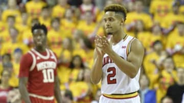 Feb 13, 2016; College Park, MD, USA; Maryland Terrapins guard Melo Trimble (2) cheers during a time out during the first half against the Wisconsin Badgers at Xfinity Center. Mandatory Credit: Tommy Gilligan-USA TODAY Sports