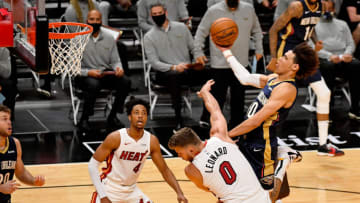 Miami Heat center Meyers Leonard (0) fouls New Orleans Pelicans center Jaxson Hayes (10)(Jasen Vinlove-USA TODAY Sports)