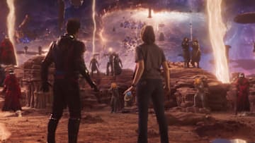 (L-R): Paul Rudd as Scott Lang/Ant-Man and Kathryn Newton as Cassandra "Cassie" Lang in Marvel Studios' ANT-MAN AND THE WASP: QUANTUMANIA. Photo courtesy of Marvel Studios. © 2022 MARVEL.