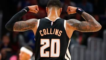 ATLANTA, GA - FEBRUARY 22: John Collins #20 of the Atlanta Hawks reacts during the first half of an NBA game against the Dallas Mavericks at State Farm Arena on February 22, 2020 in Atlanta, Georgia. NOTE TO USER: User expressly acknowledges and agrees that, by downloading and/or using this photograph, user is consenting to the terms and conditions of the Getty Images License Agreement. (Photo by Todd Kirkland/Getty Images)