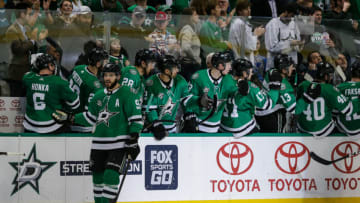 DALLAS, TX - DECEMBER 21: Dallas Stars center Tyler Seguin (91) celebrates scoring a goal during the game between the Dallas Stars and the Chicago Blackhawks on December 21, 2017 at the American Airlines Center in Dallas, Texas. Dallas defeats Chicago 4-0. (Photo by Matthew Pearce/Icon Sportswire via Getty Images)