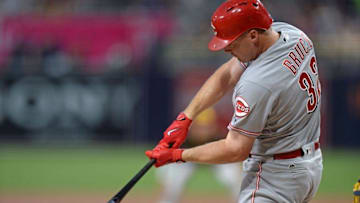Jul 29, 2016; San Diego, CA, USA; Cincinnati Reds right fielder Jay Bruce (32) hits an RBI sacrifice fly during the first inning against the San Diego Padres at Petco Park. Mandatory Credit: Jake Roth-USA TODAY Sports