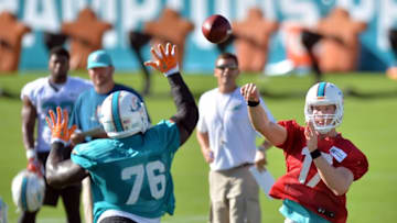 Jul 25, 2014; Davie, FL, USA; Miami Dolphins quarterback Ryan Tannehill (17) throws a pass over defensive tackle Anthony Johnson (76) during practice at Miami Dolphins Training Facility. Mandatory Credit: Steve Mitchell-USA TODAY Sports
