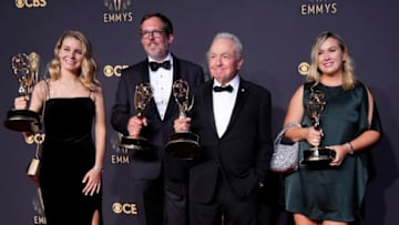 Sep 19, 2021; Los Angeles, CA, USA; Lorne Michaels, winner of Outstanding Sketch Series for 'Saturday Night Live', with fellow producers, in the press room at the 73rd Emmy Awards at L.A. Live.. Mandatory Credit: Robert Hanashiro-USA TODAY