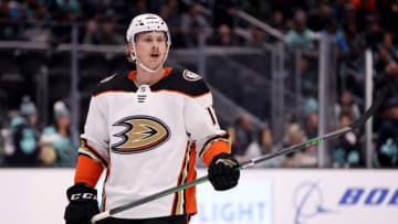 SEATTLE, WASHINGTON - MARCH 07: Simon Benoit #13 of the Anaheim Ducks looks on during the second period against the Seattle Kraken at Climate Pledge Arena on March 07, 2023 in Seattle, Washington. (Photo by Steph Chambers/Getty Images)