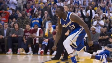 December 25, 2015; Oakland, CA, USA; Golden State Warriors forward Draymond Green (23) celebrates in the fourth quarter of a NBA basketball game on Christmas against the Cleveland Cavaliers at Oracle Arena. The Warriors defeated the Cavaliers 89-83. Mandatory Credit: Kyle Terada-USA TODAY Sports