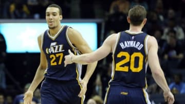 Mar 3, 2015; Memphis, TN, USA; Utah Jazz center Rudy Gobert (27) celebrates with guard Gordon Hayward (20) after a score against the Memphis Grizzlies in the second half at FedExForum. Utah defeated Memphis 93-82. Mandatory Credit: Nelson Chenault-USA TODAY Sports