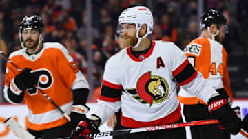 Nov 12, 2022; Philadelphia, Pennsylvania, USA; Ottawa Senators center Claude Giroux (28) looks on against the Philadelphia Flyers in the first period at Wells Fargo Center. Mandatory Credit: Kyle Ross-USA TODAY Sports