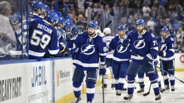 TAMPA, FL - FEBRUARY 21: Tampa Bay Lightning right wing Nikita Kucherov (86) celebrates his goal with the bench during the third period of an NHL game between the Edmonton Oilers and the Tampa Bay Lightning on February 21, 2017, at Amalie Arena in Tampa, FL. The Lightning defeated the Oilers 4-1. (Photo by Roy K. Miller/Icon Sportswire via Getty Images)