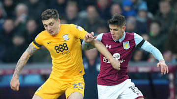 BIRMINGHAM, ENGLAND - JANUARY 21: Preston North End's Jordan Hugill battles with Aston Villa's Ashley Westwood during the Sky Bet Championship match between Aston Villa and Preston North End at Villa Park on January 21, 2017 in Birmingham, England. (Photo by Mick Walker - CameraSport via Getty Images)