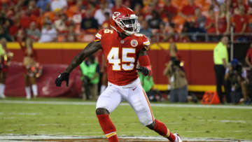 KANSAS CITY, MO - AUGUST 31: Kansas City Chiefs linebacker Ukeme Eligwe (45) in the first half of an NFL preseason game between the Tennessee Titans and the Kansas City Chiefs on August 31, 2017 at Arrowhead Stadium in Kansas City, MO. (Photo by Scott Winters/Icon Sportswire via Getty Images)
