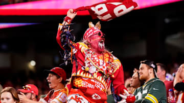 Nov 7, 2021; Kansas City, Missouri, USA; A Kansas City Chiefs cheers during the second half against the Green Bay Packers at GEHA Field at Arrowhead Stadium. Mandatory Credit: Jay Biggerstaff-USA TODAY Sports