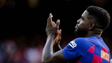 BARCELONA, SPAIN - AUGUST 4: Samuel Umtiti of FC Barcelona during the Club Friendly match between FC Barcelona v Arsenal at the Camp Nou on August 4, 2019 in Barcelona Spain (Photo by Erwin Spek/Soccrates/Getty Images)