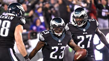 Oct 19, 2015; Philadelphia, PA, USA; Philadelphia Eagles cornerback Nolan Carroll (23) celebrates his 17-yard interception for a touchdown with outside linebacker Connor Barwin (98) and free safety Malcolm Jenkins (27) against the New York Giants during the second quarter at Lincoln Financial Field. Mandatory Credit: Eric Hartline-USA TODAY Sports