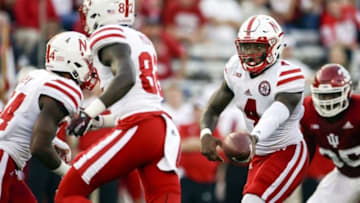 Oct 15, 2016; Bloomington, IN, USA; Nebraska Cornhuskers quarterback Tommy Armstrong Jr. (4) looks to hand off the ball during the second half of the game at Memorial Stadium. The Nebraska Cornhuskers defeated the Indiana Hoosiers 27 to 22. Mandatory Credit: Marc Lebryk-USA TODAY Sports