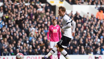LONDON, ENGLAND - MARCH 20: Christian Eriksen of Tottenham Hotspur scores their third goal during the Barclays Premier League match between Tottenham Hotspur and A.F.C. Bournemouth at White Hart Lane on March 20, 2016 in London, United Kingdom. (Photo by Mike Hewitt/Getty Images)