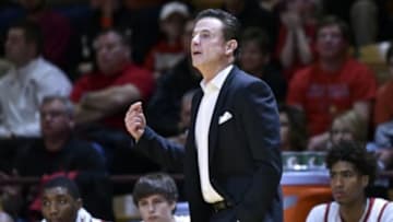 Jan 27, 2016; Blacksburg, VA, USA; Louisville Cardinals head coach Rick Pitino looks on in the first half of the game against the Virginia Tech Hokies at Cassell Coliseum. Mandatory Credit: Michael Shroyer-USA TODAY Sports
