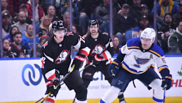 Nov 23, 2022; Buffalo, New York, USA; Buffalo Sabres right wing Tage Thompson (72) looks to get the puck past St. Louis Blues defenseman Colton Parayko (55) in the first period at KeyBank Center. Mandatory Credit: Mark Konezny-USA TODAY Sports