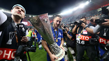 BAKU, AZERBAIJAN - MAY 29: Eden Hazard of Chelsea celebrates with the Europa League Trophy following his team's victory in the UEFA Europa League Final between Chelsea and Arsenal at Baku Olimpiya Stadionu on May 29, 2019 in Baku, Azerbaijan. (Photo by Joosep Martinson - UEFA/UEFA via Getty Images)