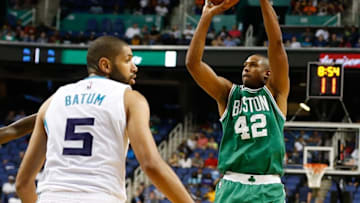 Oct 6, 2016; Greensboro, NC, USA; Boston Celtics center Al Horford (42) shoots the ball during the second half against the Charlotte Hornets at Greensboro Coliseum. The Celtics won 107-92. Mandatory Credit: Jeremy Brevard-USA TODAY Sports