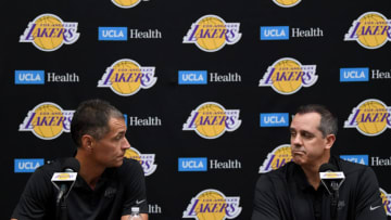 EL SEGUNDO, CALIFORNIA - SEPTEMBER 27: Los Angeles Lakers General Manager, Rob Pelinka and head coach, Frannk Vogel speak to the press during Los Angeles Laker media day at UCLA Health Training Center on September 27, 2019 in El Segundo, California. (Photo by Harry How/Getty Images)