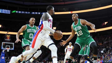 Nov 19, 2016; Auburn Hills, MI, USA; Detroit Pistons guard Kentavious Caldwell-Pope (5) drives to the basket as Boston Celtics center Al Horford (42) defends first half at The Palace of Auburn Hills. Mandatory Credit: Tim Fuller-USA TODAY Sports
