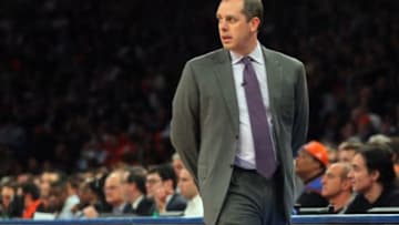 Mar 19, 2014; New York, NY, USA; Indiana Pacers head coach Frank Vogel looks on during the first quarter of a game against the New York Knicks at Madison Square Garden. Mandatory Credit: Brad Penner-USA TODAY Sports
