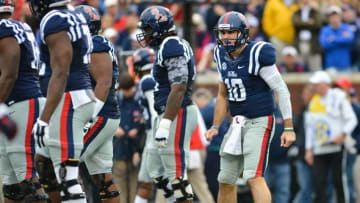 Nov 7, 2015; Oxford, MS, USA; Mississippi Rebels quarterback Chad Kelly (10) prepares for a play during the game against the Arkansas Razorbacks at Vaught-Hemingway Stadium. Arkansas won 53-52. Mandatory Credit: Matt Bush-USA TODAY Sports