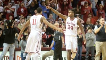 Feb 8, 2016; Norman, OK, USA; Oklahoma Sooners guard Buddy Hield (24) celebrates after scoring against the Texas Longhorns during the second half at Lloyd Noble Center. The Sooners won 63-60. Mandatory Credit: Mark D. Smith-USA TODAY Sports