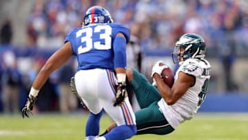 Nov 6, 2016; East Rutherford, NJ, USA; Philadelphia Eagles wide receiver Jordan Matthews (81) makes a catch against New York Giants safety Andrew Adams (33) during the second quarter at MetLife Stadium. Mandatory Credit: Brad Penner-USA TODAY Sports