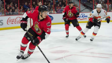 Mar 8, 2015; Ottawa, Ontario, CAN; Ottawa Senators left wing Matt Puempel (26) skates with the puck in the first period against the Calgary Flames at the Canadian Tire Centre. Mandatory Credit: Marc DesRosiers-USA TODAY Sports