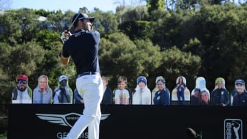Feb 21, 2021; Pacific Palisades, California, USA; Patrick Cantlay hits from the sixteenth hole tee box during the final round of The Genesis Invitational golf tournament at Riviera Country Club. Mandatory Credit: Gary A. Vasquez-USA TODAY Sports