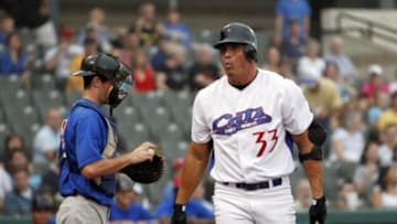 May 23, 2013; Fort Worth, TX, USA; Fort Worth Cats designated hitter Jose Canseco (33) reacts to striking out in the bottom of the first inning of the game against the Edinburg Roadrunners at LaGrave Field in Fort Worth. Mandatory Credit: Tim Heitman-USA TODAY Sports