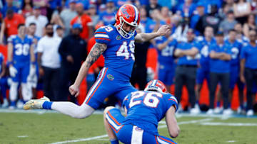 Nov 12, 2022; Gainesville, Florida, USA;Florida Gators place kicker Adam Mihalek (49) makes a field goal against the South Carolina Gamecocks during the second quarter at Ben Hill Griffin Stadium. Mandatory Credit: Kim Klement-USA TODAY Sports