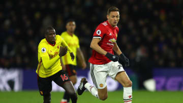 WATFORD, ENGLAND - NOVEMBER 28: Nemanja Matic of Manchester United and Abdoulaye Doucoure of Watford in action during the Premier League match between Watford and Manchester United at Vicarage Road on November 28, 2017 in Watford, England. (Photo by Richard Heathcote/Getty Images)