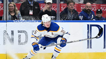 Apr 12, 2022; Toronto, Ontario, CAN; Buffalo Sabres defenseman Rasmus Dahlin (26) pursues the play against the Toronto Maple Leafs in the second period at Scotiabank Arena. Mandatory Credit: Dan Hamilton-USA TODAY Sports